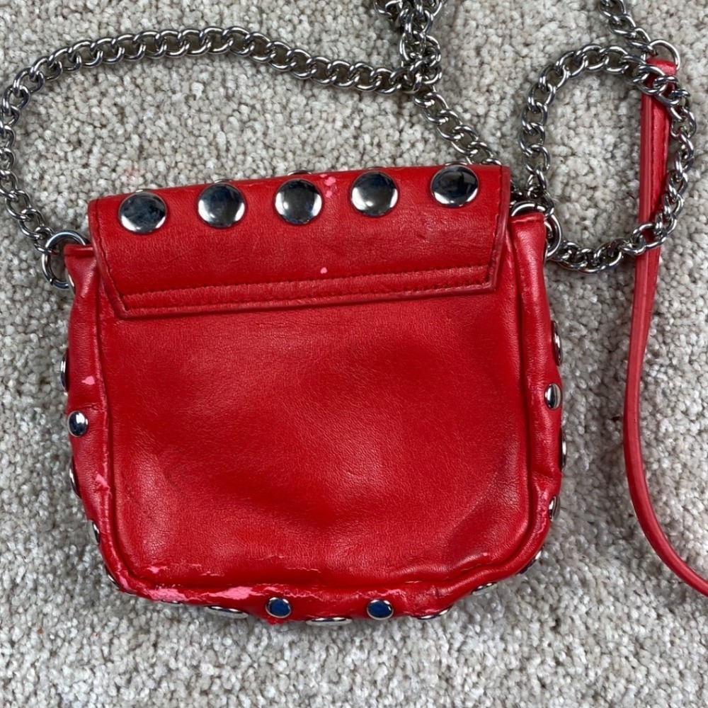 Red Studded Mini Crossbody Bag Silver Hardware Chain Strap Edgy Festival Style - Picture 8 of 8
